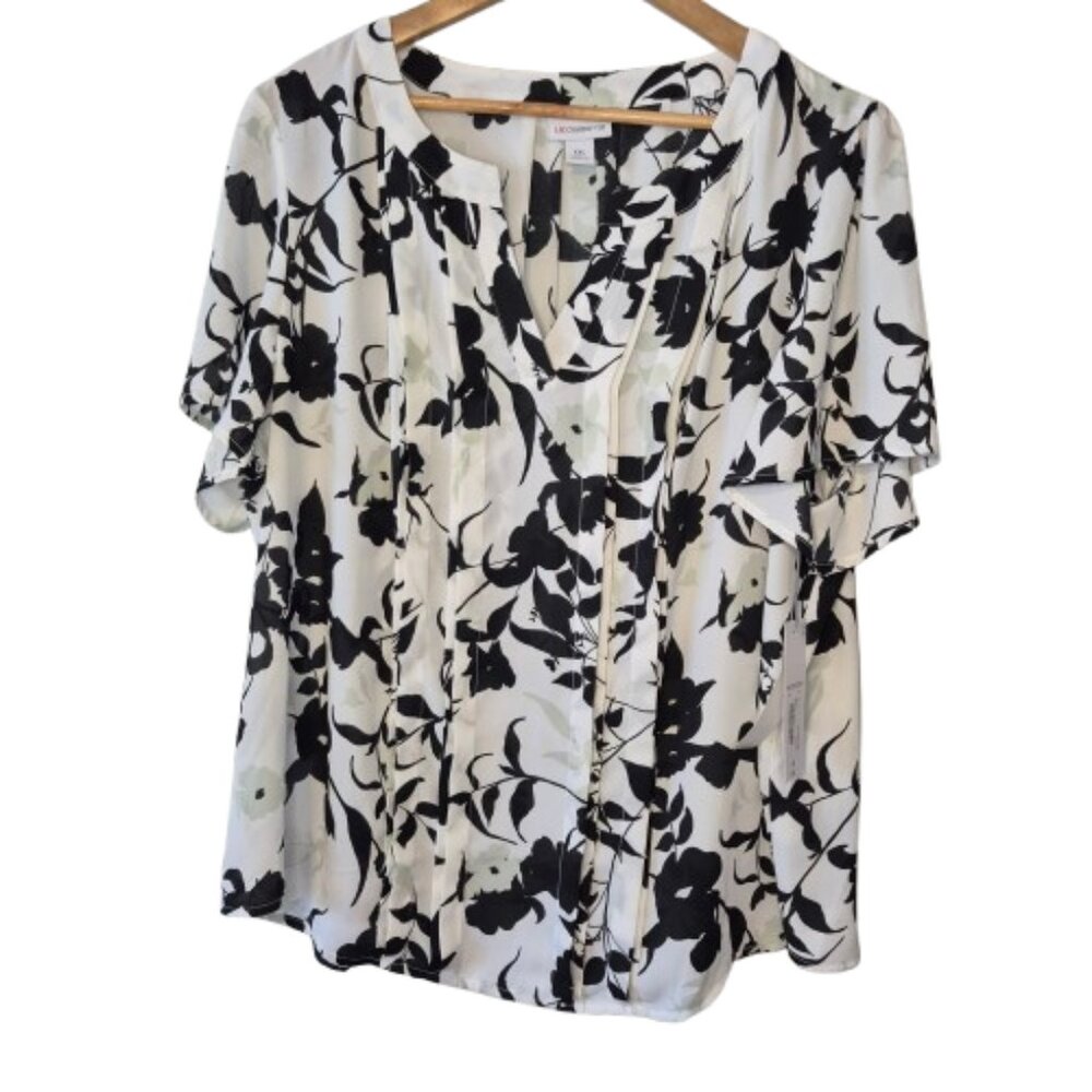 NWT Liz Claiborne Black, White and Green Floral Blouse Size XXL